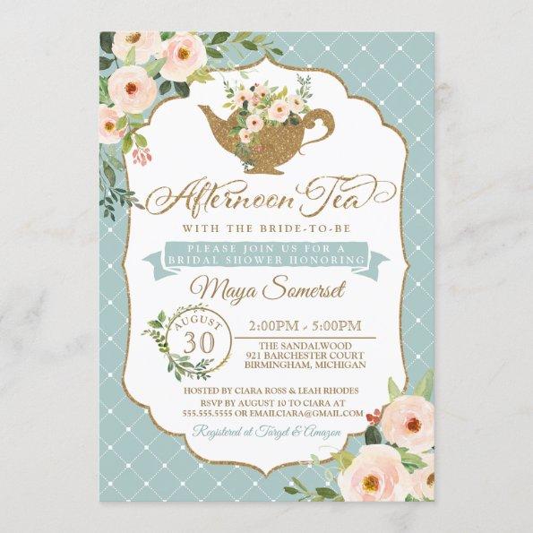 Afternoon Tea Turquoise Blue Floral Bridal Shower Invitations