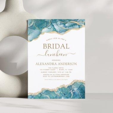 Agate Turquoise Bridal Shower Luncheon Teal Gold Invitations