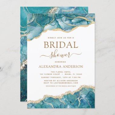 Agate Turquoise Bridal Shower Teal Gold Blue Invit Invitations