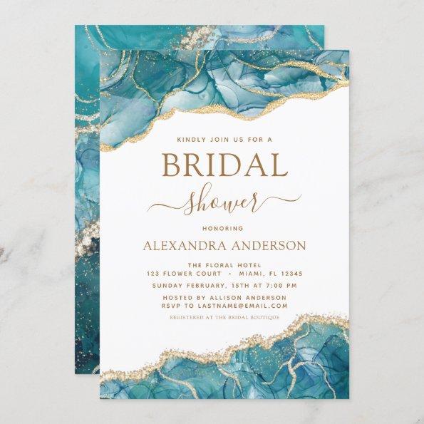 Agate Turquoise Bridal Shower Teal Gold Blue Invit Invitations