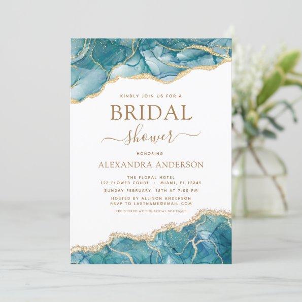 Agate Turquoise Bridal Shower Teal Gold Blue Invitations