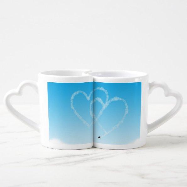 airplane 2 hearts in blue sky coffee mug set