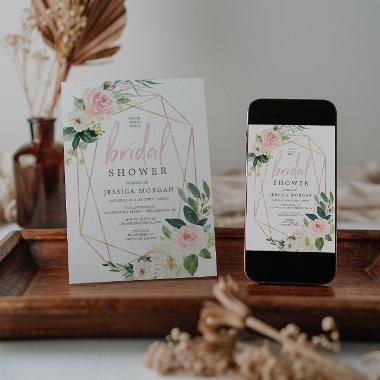 Airy Blush Floral Gold Bridal Shower Invitations