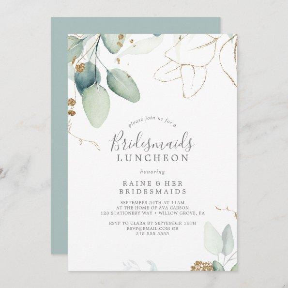 Airy Greenery and Gold Leaf Bridesmaids Luncheon Invitations