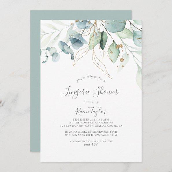 Airy Greenery and Gold Leaf Lingerie Shower Invitations