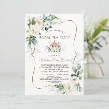 Airy Greenery White Flowers Gold Bridal Shower Invitations