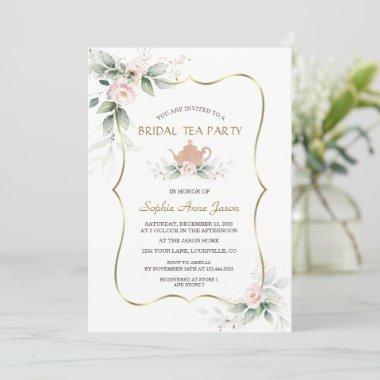 Airy Watercolor Pink Floral Gold Bridal Tea Party Invitations