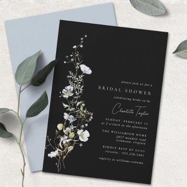 Airy Wildflower | Black Blue Floral Bridal Shower Invitations