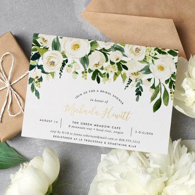 Alabaster Green & White Floral Bridal Shower Foil Invitations