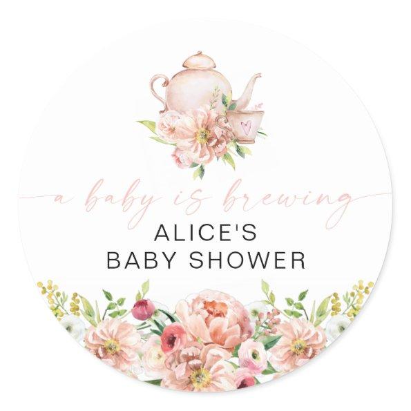ALICE Blush Floral Baby Brewing Tea Party Favor Classic Round Sticker