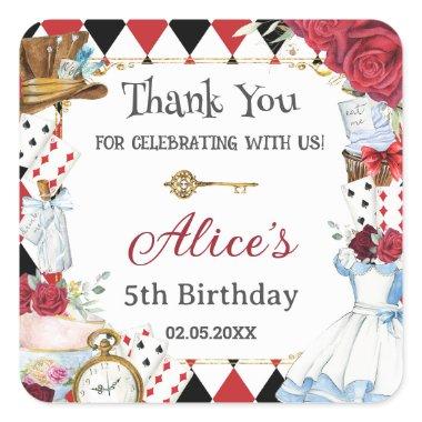 Alice in Wonderland Red Floral Birthday Tea Party Square Sticker