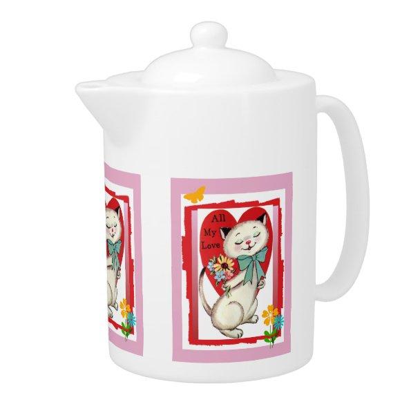 All My Love Retro Valentine Cat Tea Pot