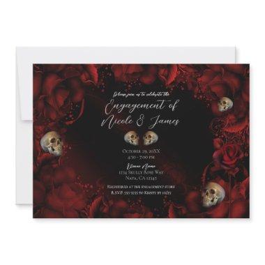 All Red Roses & Skulls Dark Floral Engagement Invitations