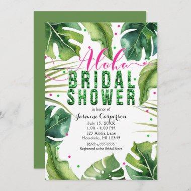 ALOHA BRIDAL SHOWER Tropical Leaves Pink & Green Invitations