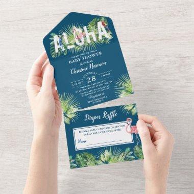 Aloha Flamingo Baby Shower Diaper Raffle Blue All In One Invitations