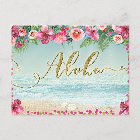 ALOHA Gold Tropical Beach Hibiscus Save the Date Announcement PostInvitations