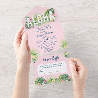 Aloha Pink Tropical Girl Baby Shower Diaper Raffle All In One Invitations