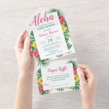 Aloha Tropical Floral Baby Shower & Diaper Raffle All In One Invitations