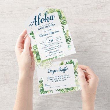 Aloha Tropical Greenery Baby Shower Diaper Raffle All In One Invitations