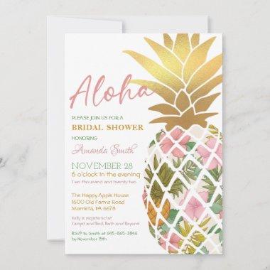 Aloha Tropical Pineapple Gold Leaf Bridal Shower Invitations