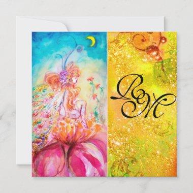 ALTHEA/Flower Fairy,Gold Yellow Sparkles Monogram Invitations