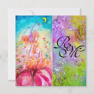 ALTHEA/Flower Fairy,Green Purple Sparkles Monogram Invitations