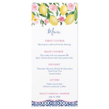 Amalfi Coast Lemons Blue White Tiles Baby Shower Menu