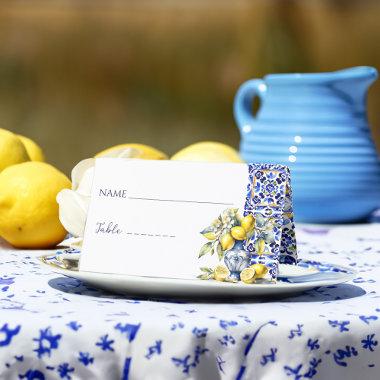 Amalfi Italian blue tiles lemons name and table Place Invitations