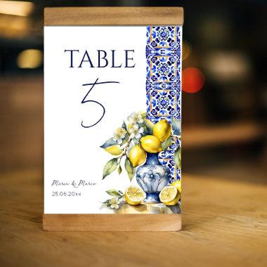 Amalfi Italian blue tiles lemons table numbers