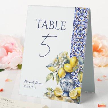Amalfi Italian blue tiles lemons table numbers Table Tent Sign