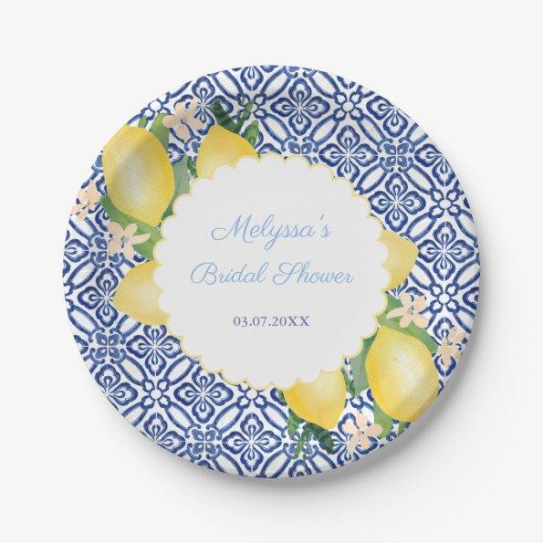 Amalfi Lemons Blue White Italy Tiles Bridal Shower Paper Plates
