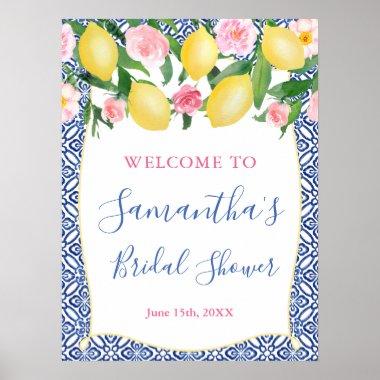 Amalfi Lemons Pink Floral Blue Tile Bridal Shower Poster