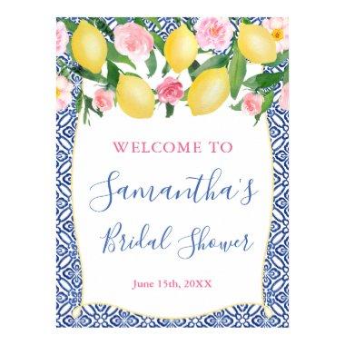 Amalfi Lemons Pink Floral Blue Tile Bridal Shower Poster