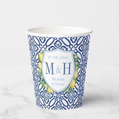 Amalfi Lemons Wedding Shower Couples Monogram Paper Cups