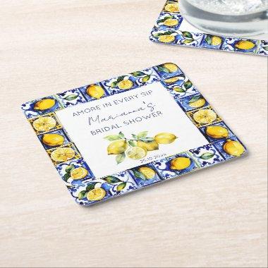 Amalfi Positano blue tiles lemons bridal shower Square Paper Coaster