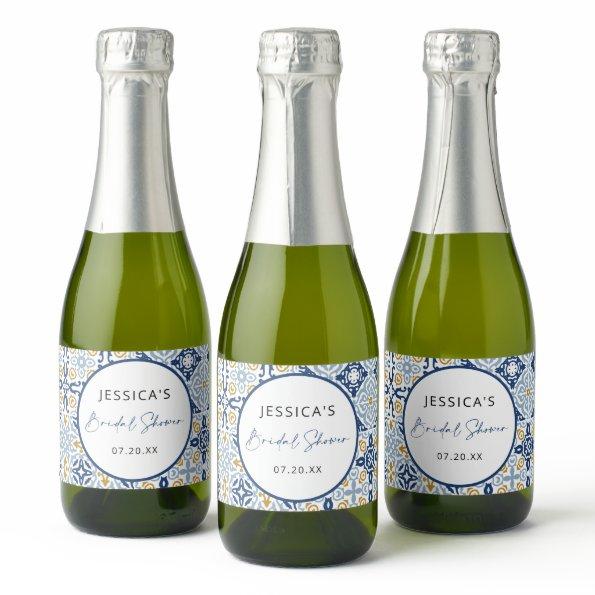 Amalfi Tile Blue Yellow Bridal Shower  Sparkling Wine Label