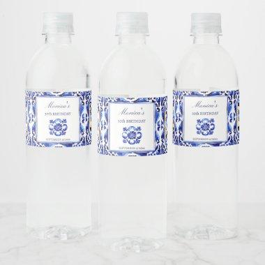 Amalfi Vietri Italian blue tiles birthday Water Bottle Label