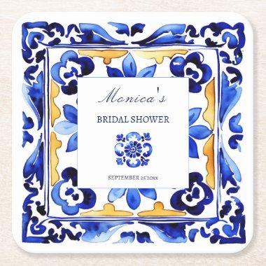 Amalfi Vietri Italian blue tiles bridal shower Square Paper Coaster