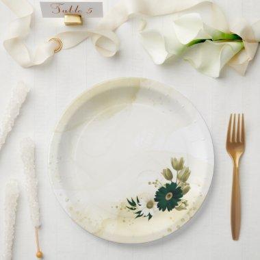 Amazing emerald green ivory gold flowers paper plates