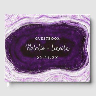 Amethyst Purple & Silver Geode Agate Slice Wedding Guest Book