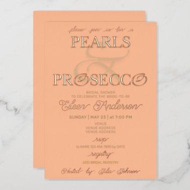 Ampersand Peach Fuzz Pearls Prosecco Bridal Shower Foil Invitations