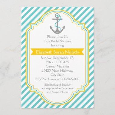 Anchor aqua, yellow nautical wedding bridal shower Invitations