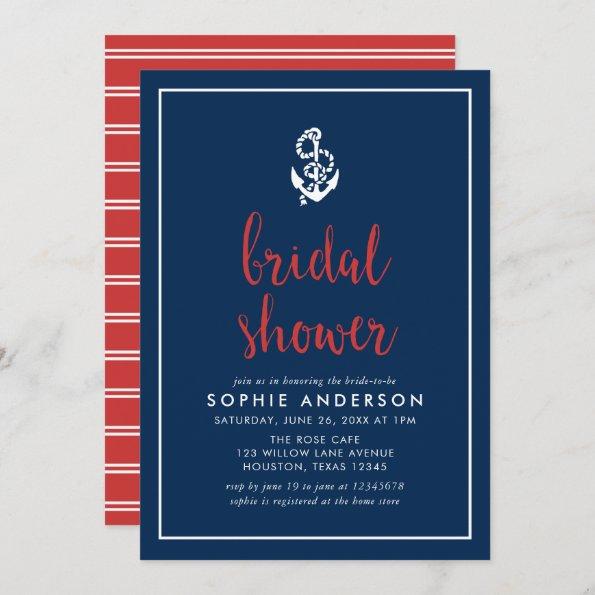 Anchor Blue and Red Script Bridal Shower Invitations
