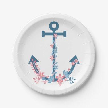 Anchor Pink Blue Floral Nautical Bridal Shower Paper Plates