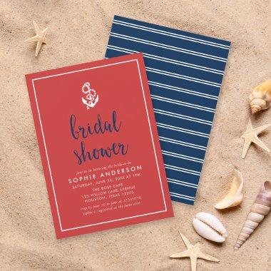 Anchor Red and Blue Script Bridal Shower Invitations