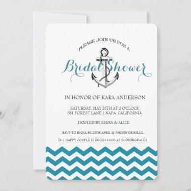 Anchor Teal Blue Chevron Nautical Bridal Shower Invitations