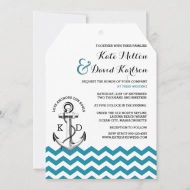 Anchor Teal Blue Chevron Nautical Marine Wedding Invitations