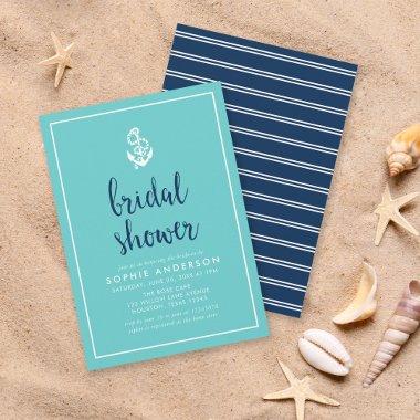 Anchor Turquoise and Blue Script Bridal Shower Invitations
