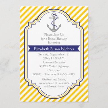 Anchor yellow white nautical wedding bridal shower Invitations