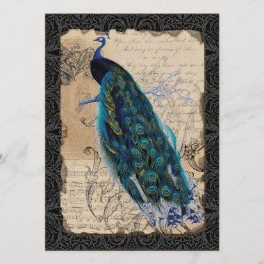 Ancient Peacock Bridal Shower Invite - Black